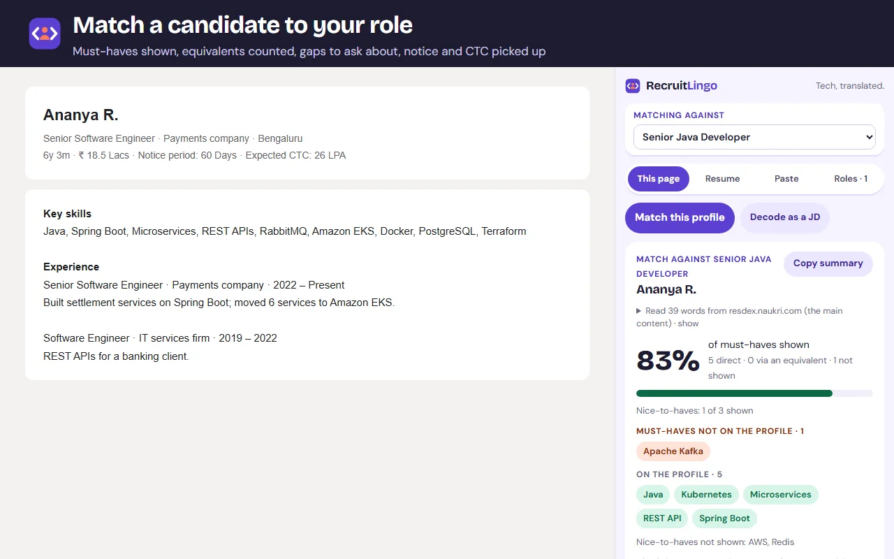 The RecruitLingo side panel next to a candidate profile, showing an 83% must-have match, the missing skill and the skills on the profile.