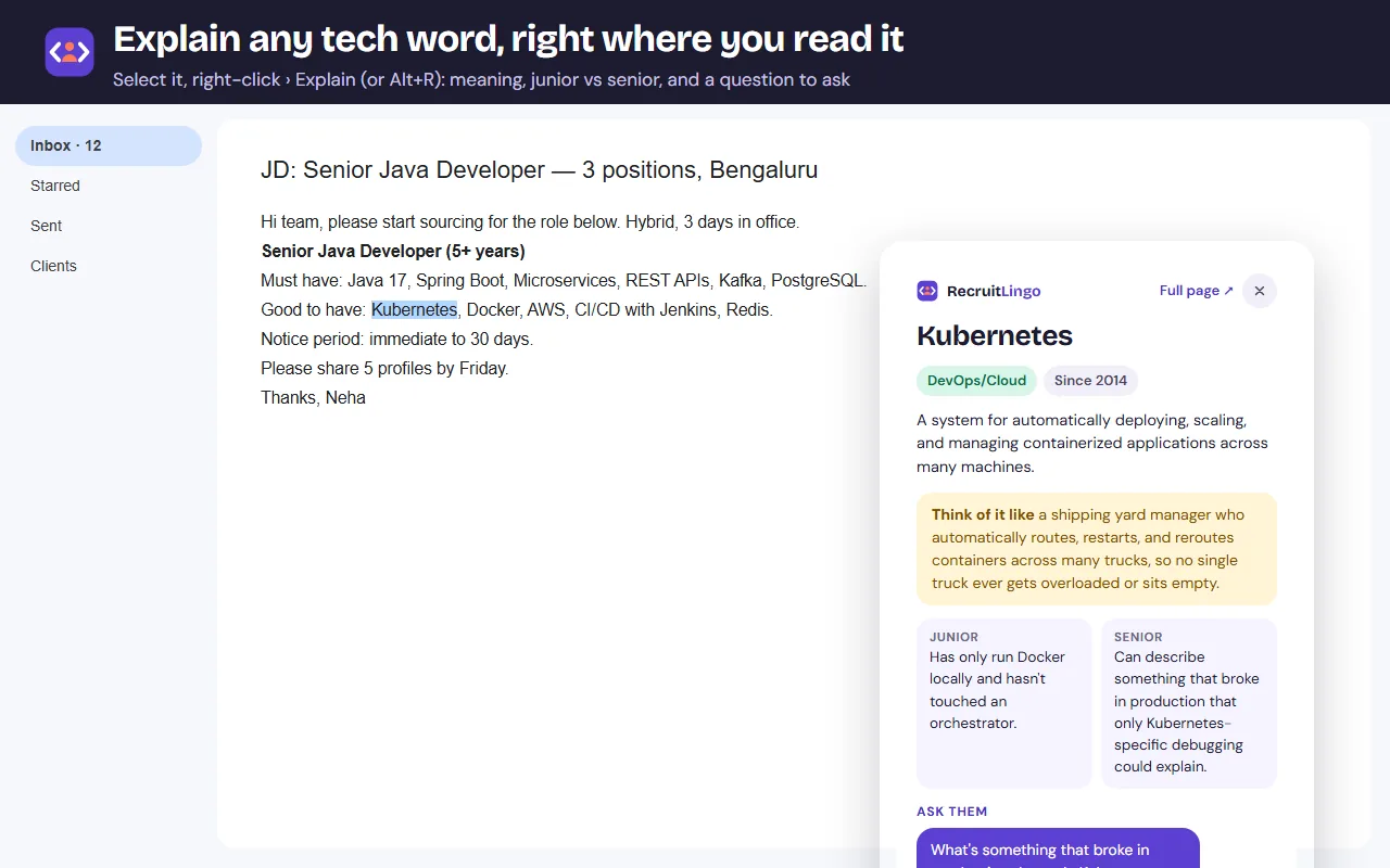 An explanation card for Kubernetes open beside a JD in an email.